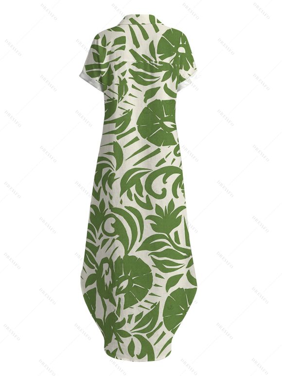 Vacation Shirt Dress Tropical Abstract Leaf Print Button Up Pocket Curved Hem Turn Down Collar Dress - Vert L | US 8-10