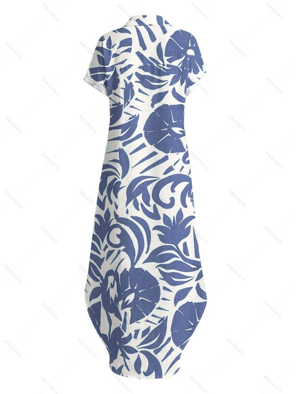 Vacation Shirt Dress Tropical Abstract Leaf Print Button Up Pocket Curved Hem Turn Down Collar Dress - Bleu XL | US 12