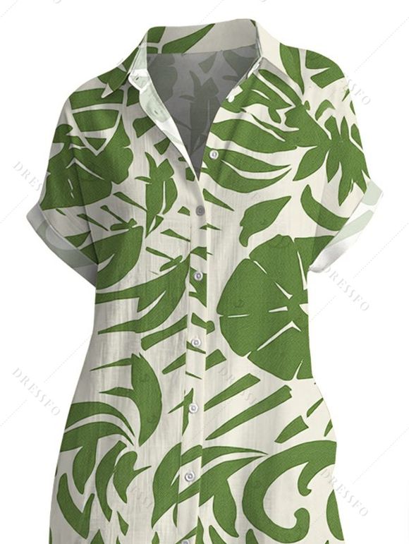 Vacation Shirt Dress Tropical Abstract Leaf Print Button Up Pocket Curved Hem Turn Down Collar Dress - Vert L | US 8-10