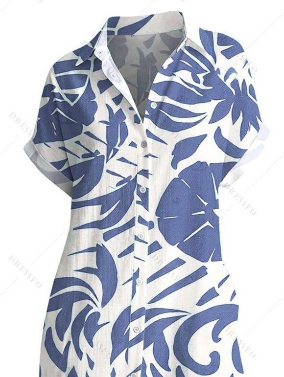 Vacation Shirt Dress Tropical Abstract Leaf Print Button Up Pocket Curved Hem Turn Down Collar Dress - Bleu XL | US 12