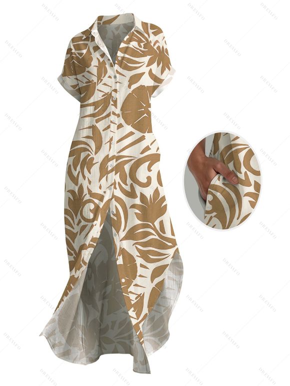 Vacation Shirt Dress Tropical Abstract Leaf Print Button Up Pocket Curved Hem Turn Down Collar Dress - FLAXSEED YELLOW S | US 4