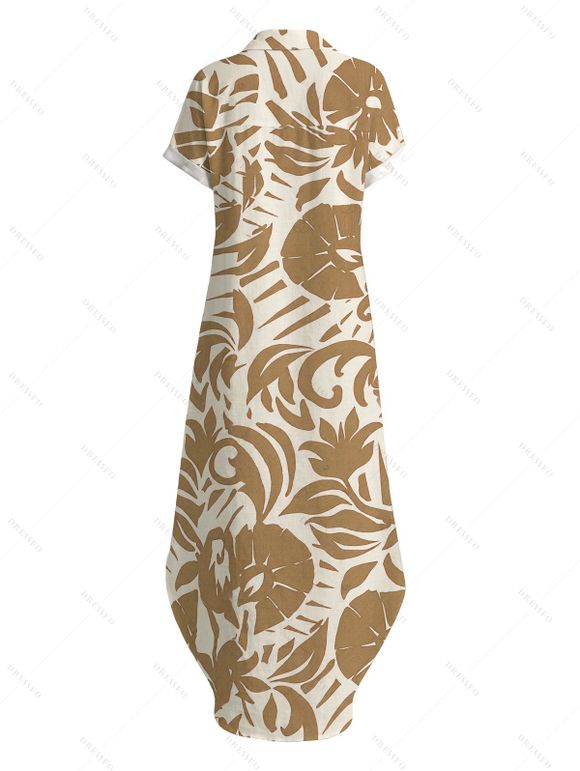 Vacation Shirt Dress Tropical Abstract Leaf Print Button Up Pocket Curved Hem Turn Down Collar Dress - FLAXSEED YELLOW S | US 4