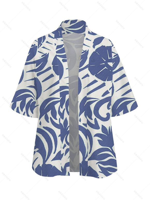 Vacation Women Outfit Botanical Leaf Scroll Silhouette Print Kimono Cover-up and Drawstring Pocket Shorts Set - Bleu clair XXXXXL | US 20