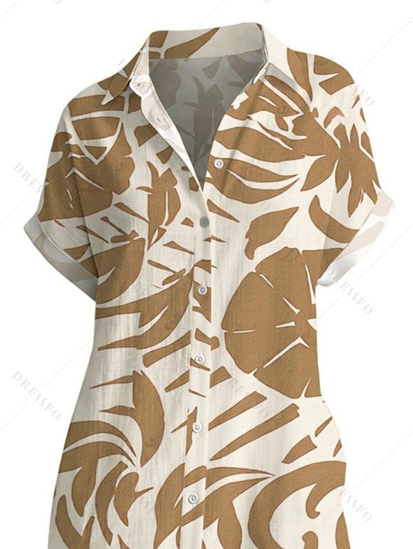 Vacation Shirt Dress Tropical Abstract Leaf Print Button Up Pocket Curved Hem Turn Down Collar Dress - FLAXSEED YELLOW S | US 4