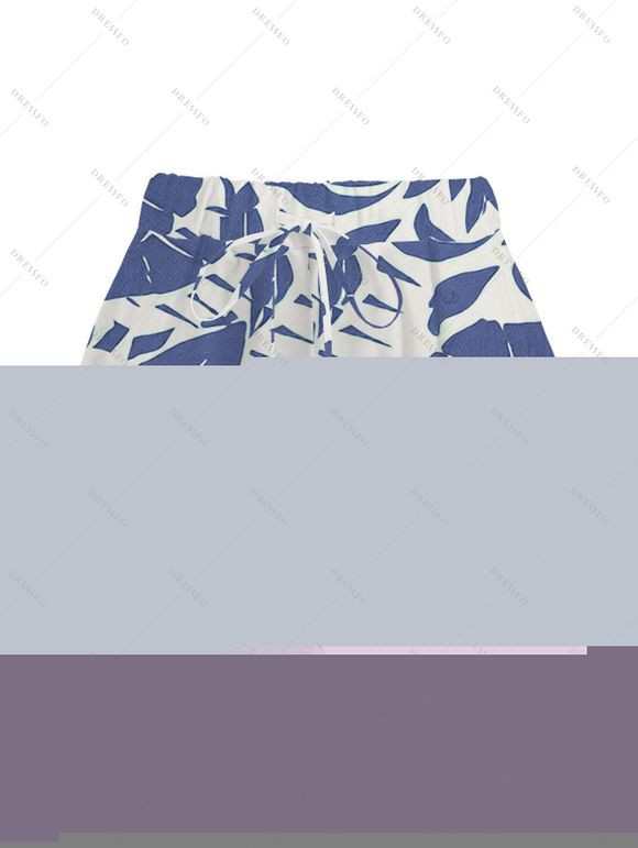 Vacation Women Outfit Botanical Leaf Scroll Silhouette Print Kimono Cover-up and Drawstring Pocket Shorts Set - Bleu clair XXXXXL | US 20
