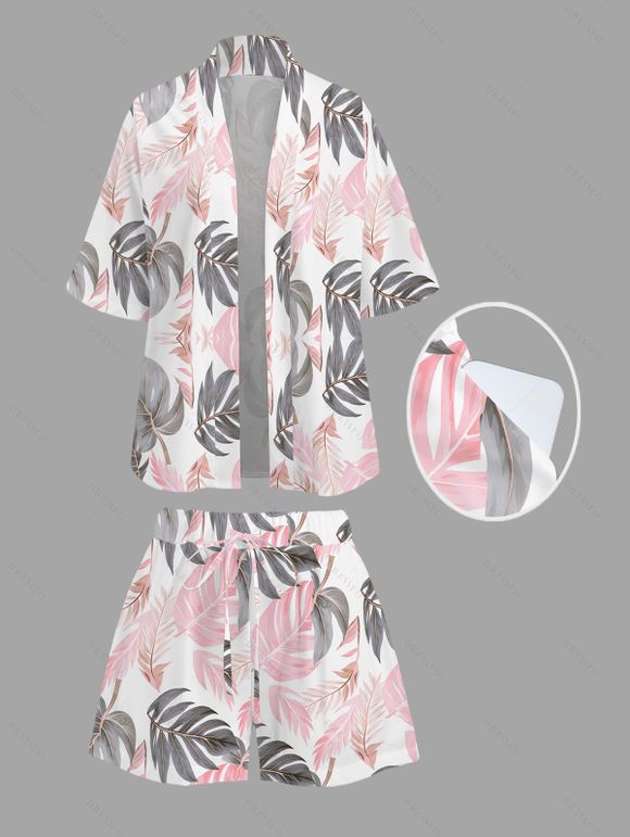 Vacation Women Outfit Tropical Monstera Leaf Print Kimono Cover-Up and Drawstring Pocket Shorts Beach Set - Rose XXXXXL | US 20