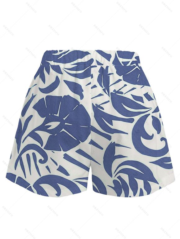 Vacation Women Outfit Botanical Leaf Scroll Silhouette Print Kimono Cover-up and Drawstring Pocket Shorts Set - Bleu clair XXXXXL | US 20