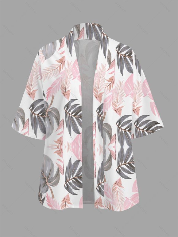 Vacation Women Outfit Tropical Monstera Leaf Print Kimono Cover-Up and Drawstring Pocket Shorts Beach Set - Rose XXXXXL | US 20