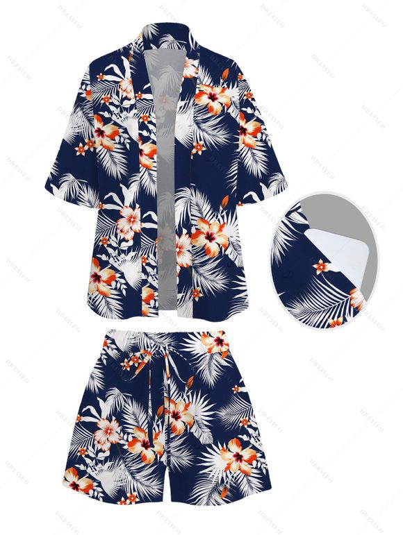 Hawaiian Vacation Women Outfit Hibiscus Floral Tropical Leaf Print Kimono Cover-up and Drawstring Pocket Shorts Set - Bleu de Minuit XXXXXL | US 20