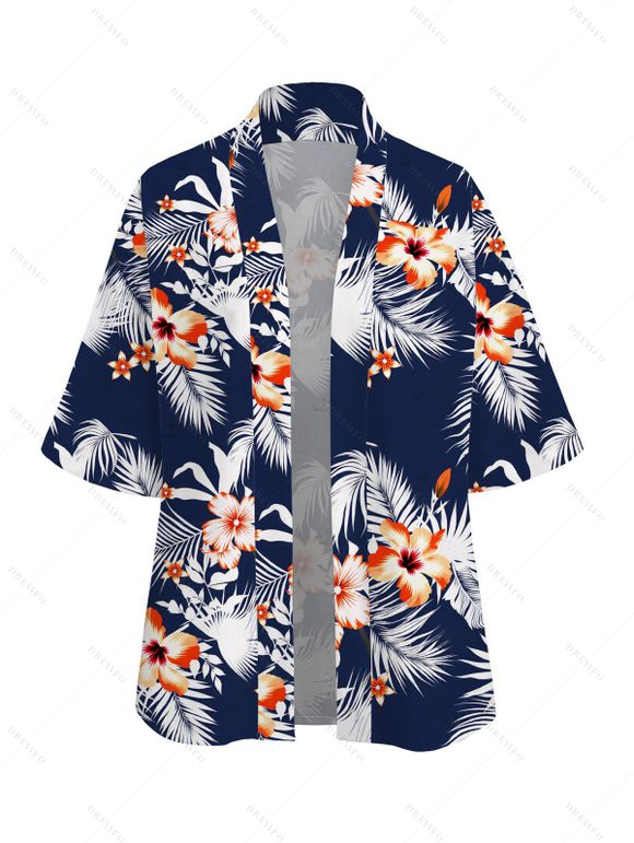 Hawaiian Vacation Women Outfit Hibiscus Floral Tropical Leaf Print Kimono Cover-up and Drawstring Pocket Shorts Set - Bleu de Minuit XXXXXL | US 20