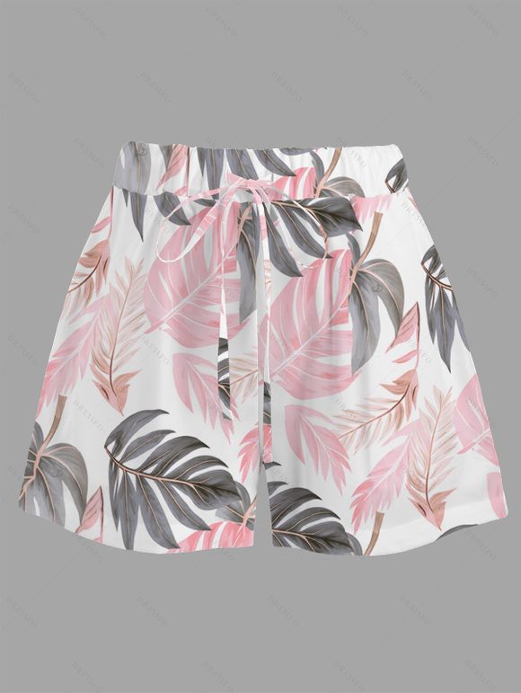 Vacation Women Outfit Tropical Monstera Leaf Print Kimono Cover-Up and Drawstring Pocket Shorts Beach Set - Rose XXXXXL | US 20