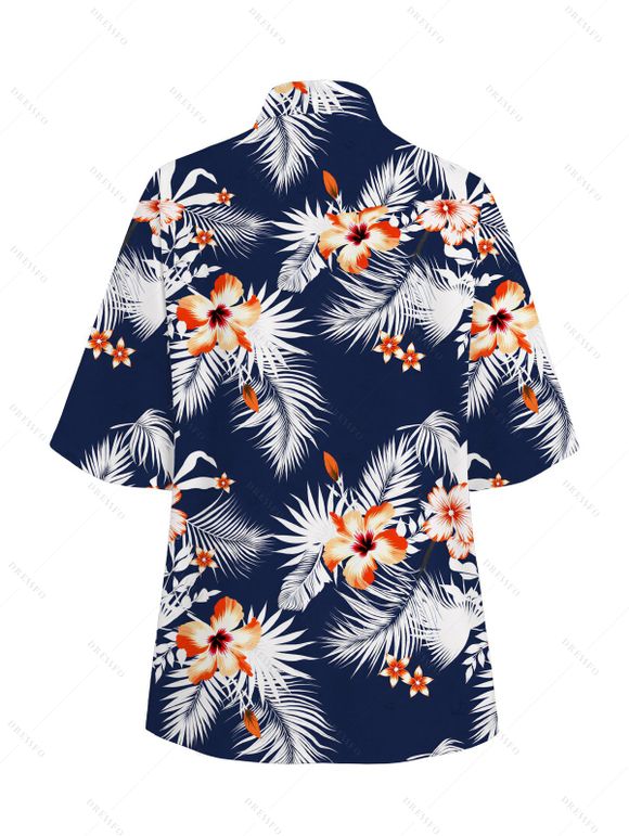 Hawaiian Vacation Women Outfit Hibiscus Floral Tropical Leaf Print Kimono Cover-up and Drawstring Pocket Shorts Set - Bleu de Minuit XXXXXL | US 20