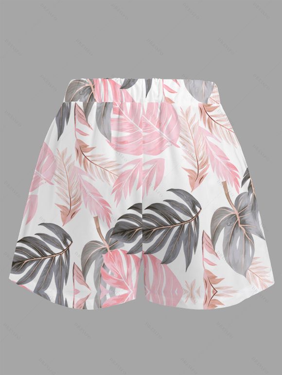 Vacation Women Outfit Tropical Monstera Leaf Print Kimono Cover-Up and Drawstring Pocket Shorts Beach Set - Rose XXXXXL | US 20