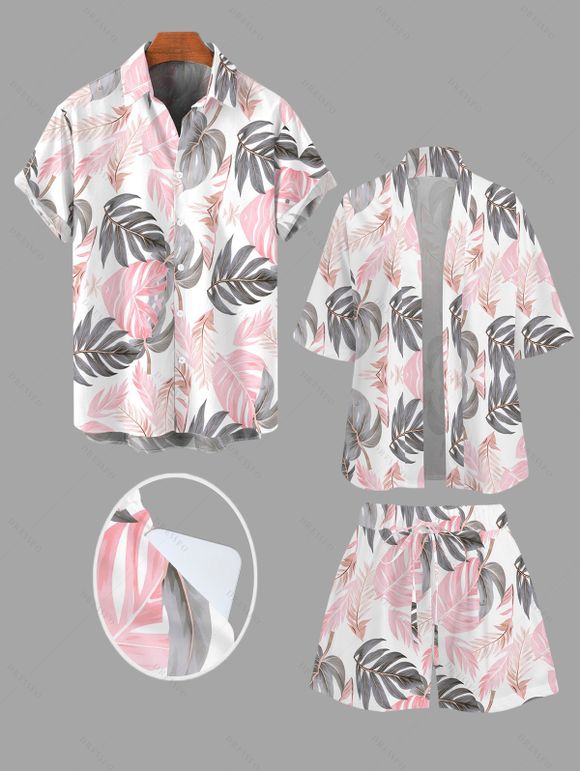 Vacation Couple Outfit Tropical Monstera Leaf Print Kimono Cover-Up Drawstring Pocket Shorts and Shirt Set - Rose S | US 4