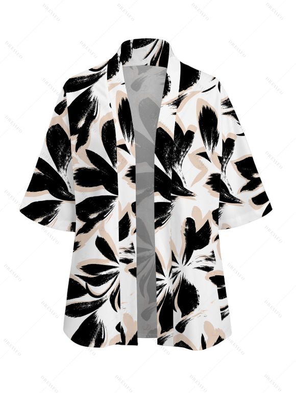 Bicolor Abstract Leaf Print Vacation Couple 4-Piece Outfit - Men's Shirt, Men's Drawstring Shorts, Women's Kimono Cover-up, Women's Drawstring Pocket Shorts - Noir S | US 4