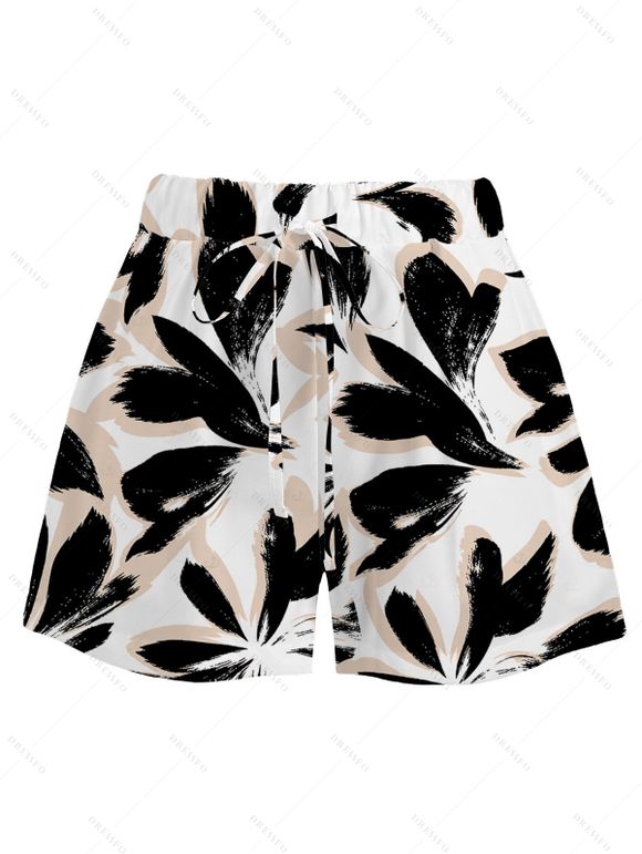 Bicolor Abstract Leaf Print Vacation Couple 4-Piece Outfit - Men's Shirt, Men's Drawstring Shorts, Women's Kimono Cover-up, Women's Drawstring Pocket Shorts - Noir S | US 4