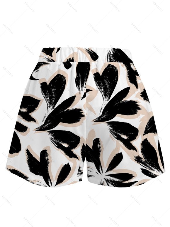 Bicolor Abstract Leaf Print Vacation Couple 4-Piece Outfit - Men's Shirt, Men's Drawstring Shorts, Women's Kimono Cover-up, Women's Drawstring Pocket Shorts - Noir S | US 4