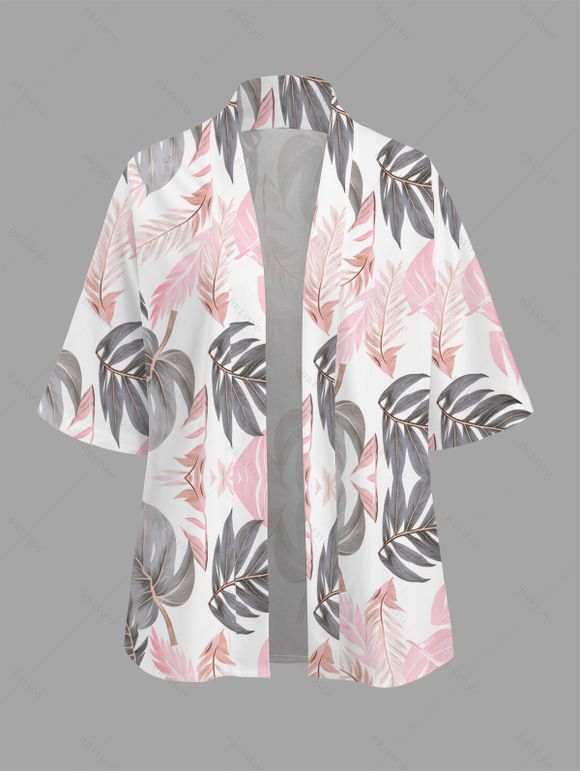 Vacation Couple Outfit Tropical Monstera Leaf Print Kimono Cover-Up Drawstring Pocket Shorts and Shirt Set - Rose S | US 4