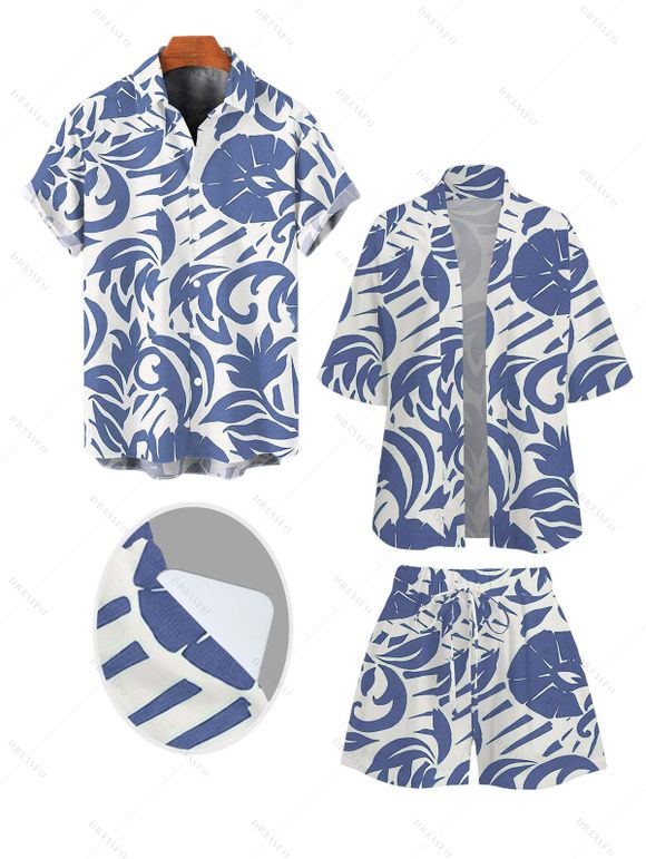 Vacation Couple Outfit Botanical Leaf Scroll Silhouette Print Kimono Cover-up Drawstring Pocket Shorts and Shirt Set - Bleu S | US 4