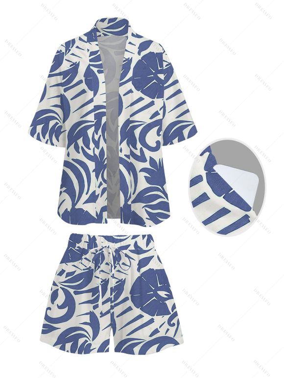 Vacation Couple Outfit Botanical Leaf Scroll Silhouette Print Kimono Cover-up Drawstring Pocket Shorts and Shirt Set - Bleu S | US 4