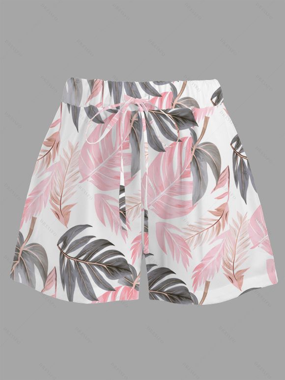 Vacation Couple Outfit Tropical Monstera Leaf Print Kimono Cover-Up Drawstring Pocket Shorts and Shirt Set - Rose S | US 4