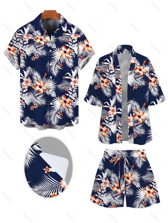 Hawaiian Vacation Couple Outfit Hibiscus Floral Tropical Leaf Print Kimono Cover-up Drawstring Pocket Shorts and Shirt Set - Bleu de Minuit S | US 4