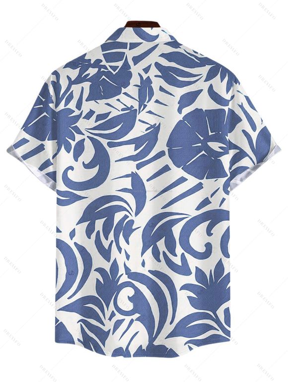 Vacation Couple Outfit Botanical Leaf Scroll Silhouette Print Kimono Cover-up Drawstring Pocket Shorts and Shirt Set - Bleu S | US 4