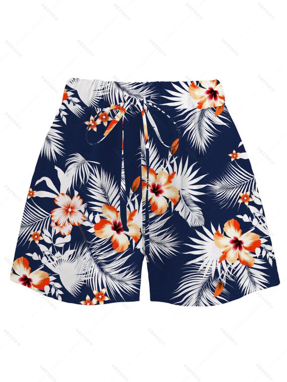 Hawaiian Vacation Couple Outfit Hibiscus Floral Tropical Leaf Print Kimono Cover-up Drawstring Pocket Shorts and Shirt Set - Bleu de Minuit S | US 4