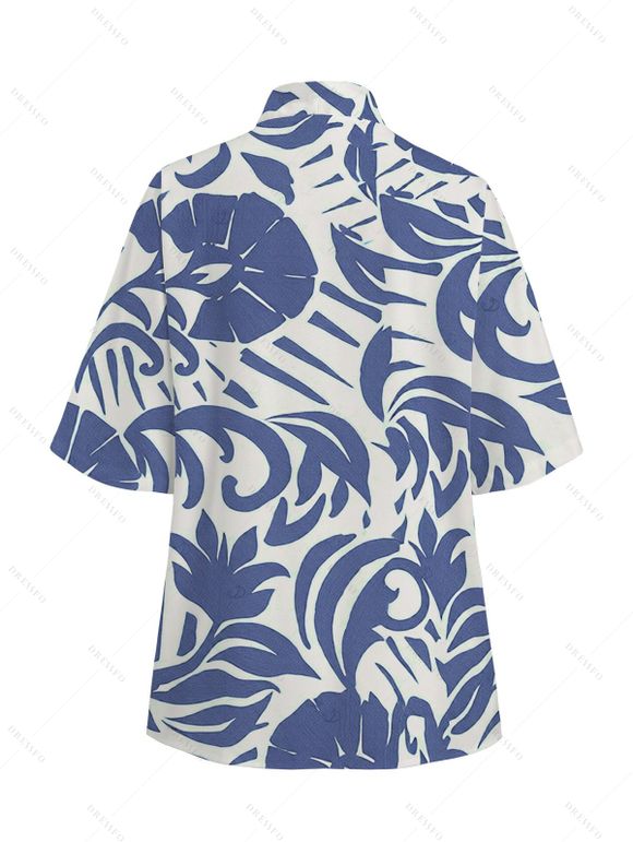 Vacation Couple Outfit Botanical Leaf Scroll Silhouette Print Kimono Cover-up Drawstring Pocket Shorts and Shirt Set - Bleu S | US 4