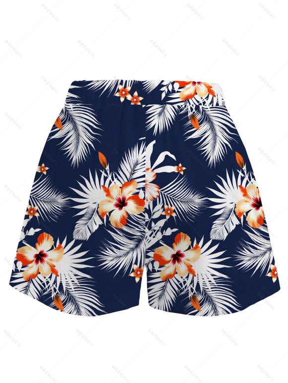 Hawaiian Vacation Couple Outfit Hibiscus Floral Tropical Leaf Print Kimono Cover-up Drawstring Pocket Shorts and Shirt Set - Bleu de Minuit S | US 4