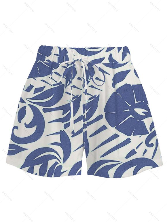 Vacation Couple Outfit Botanical Leaf Scroll Silhouette Print Kimono Cover-up Drawstring Pocket Shorts and Shirt Set - Bleu S | US 4