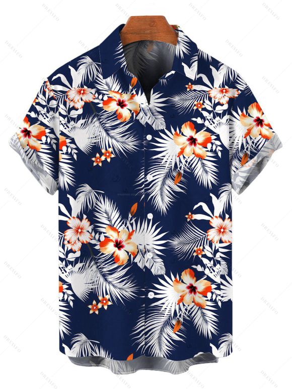 Hawaiian Vacation Couple Outfit Hibiscus Floral Tropical Leaf Print Kimono Cover-up Drawstring Pocket Shorts and Shirt Set - Bleu de Minuit S | US 4