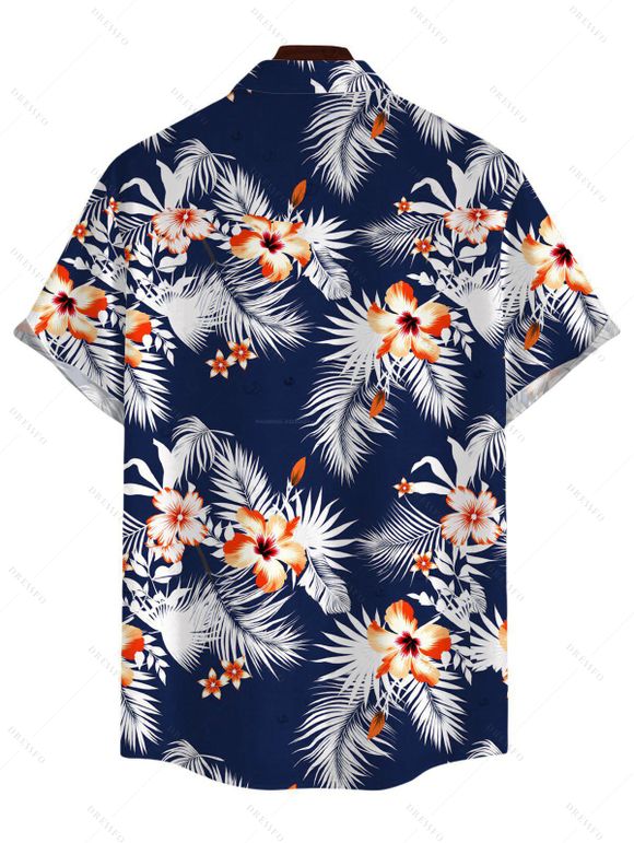 Hawaiian Vacation Couple Outfit Hibiscus Floral Tropical Leaf Print Kimono Cover-up Drawstring Pocket Shorts and Shirt Set - Bleu de Minuit S | US 4