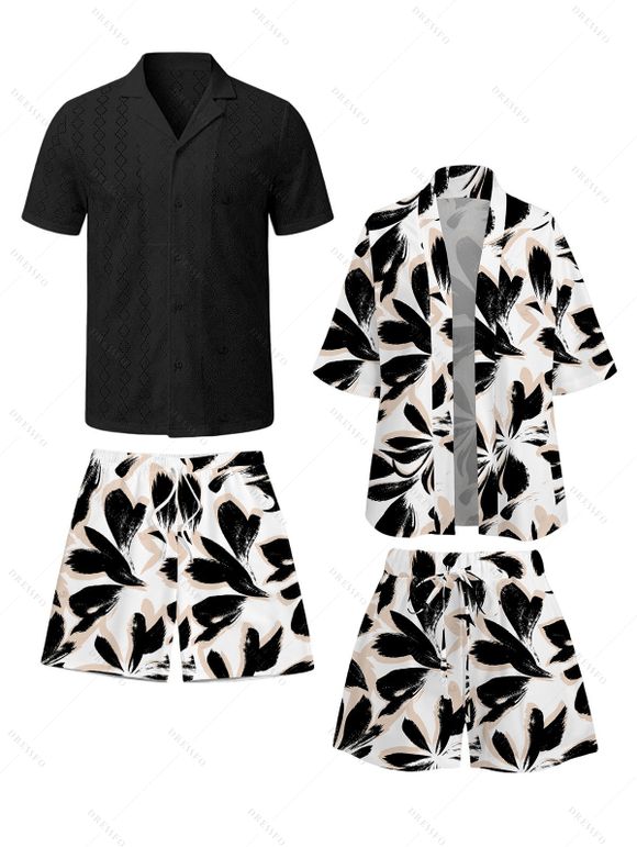 Bicolor Abstract Leaf Print Vacation Couple 4-Piece Outfit - Men's Shirt, Men's Drawstring Shorts, Women's Kimono Cover-up, Women's Drawstring Pocket Shorts - Noir S | US 4