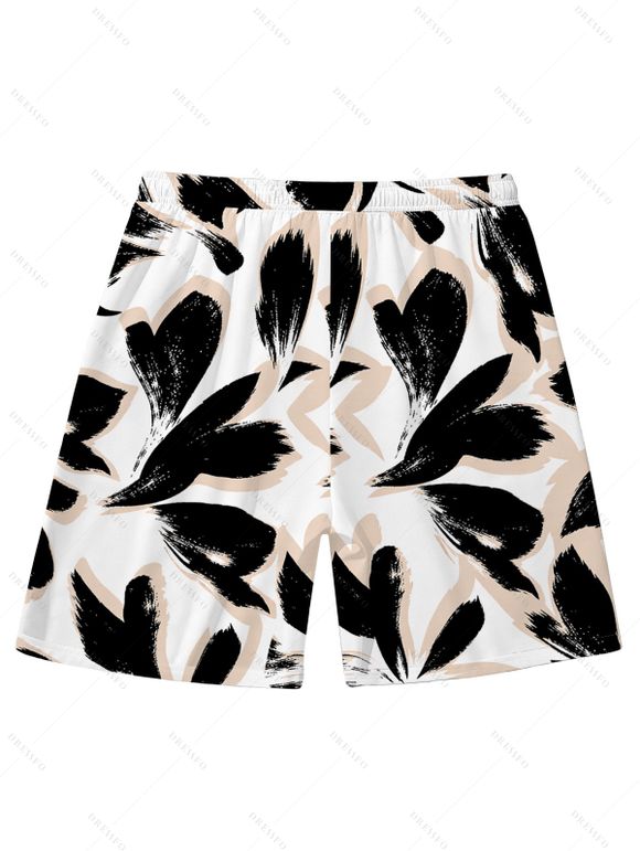 Bicolor Abstract Leaf Print Vacation Couple 4-Piece Outfit - Men's Shirt, Men's Drawstring Shorts, Women's Kimono Cover-up, Women's Drawstring Pocket Shorts - Noir S | US 4