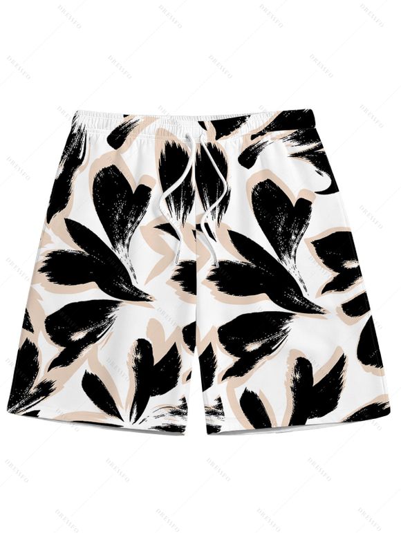 Bicolor Abstract Leaf Print Vacation Couple 4-Piece Outfit - Men's Shirt, Men's Drawstring Shorts, Women's Kimono Cover-up, Women's Drawstring Pocket Shorts - Noir S | US 4