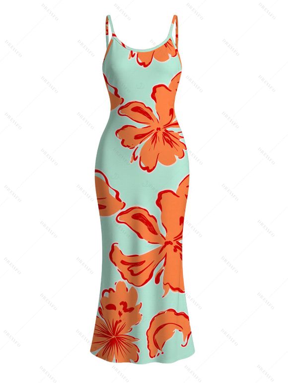 Vacation Dress Colorblock Hibiscus Floral Print Spaghetti Strap Bodycon Dress - Orange XXL | US 14