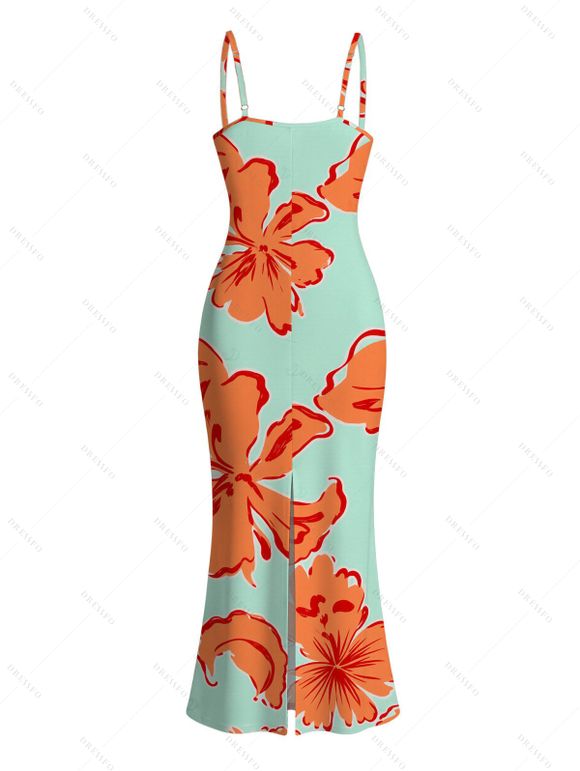 Vacation Dress Colorblock Hibiscus Floral Print Spaghetti Strap Bodycon Dress - Orange XXL | US 14