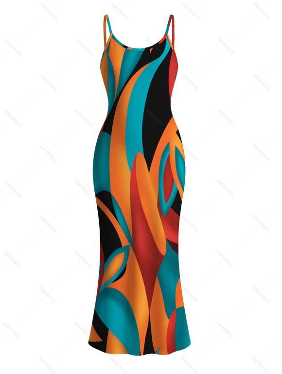 Bohemian Vacation Dress Colorful Abstract Geometric Print Spaghetti Strap Bodycon Dress - multicolor XXL | US 14