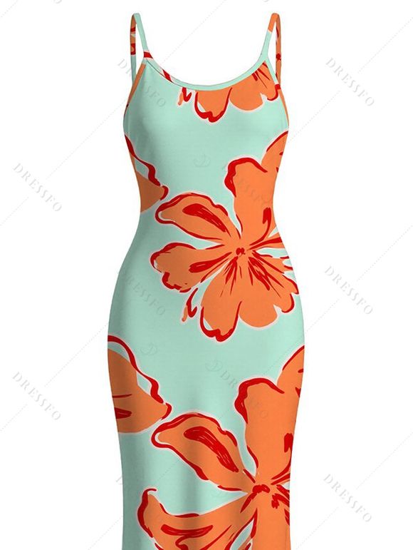 Vacation Dress Colorblock Hibiscus Floral Print Spaghetti Strap Bodycon Dress - Orange XXL | US 14
