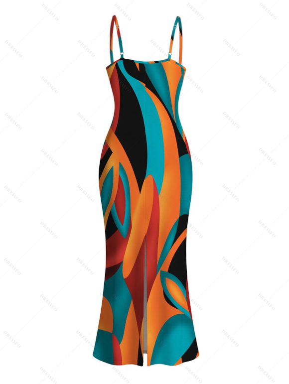 Bohemian Vacation Dress Colorful Abstract Geometric Print Spaghetti Strap Bodycon Dress - multicolor XXL | US 14