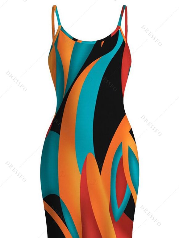 Bohemian Vacation Dress Colorful Abstract Geometric Print Spaghetti Strap Bodycon Dress - multicolor XXL | US 14