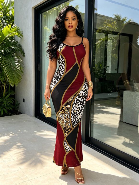 Color-blocked Leopard Print Cami Dress, Slim-fit Figure-hugging Long Dress for Women - Rouge Vineux XXL | US 14