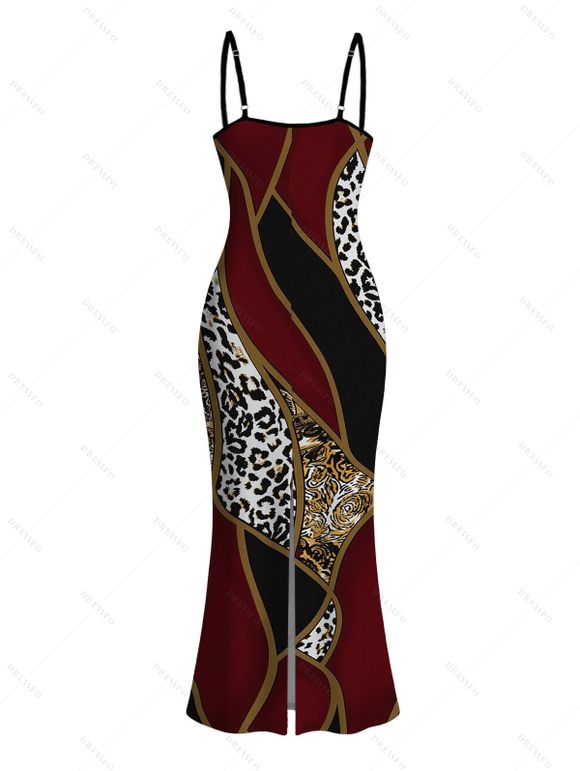Color-blocked Leopard Print Cami Dress, Slim-fit Figure-hugging Long Dress for Women - Rouge Vineux XXL | US 14