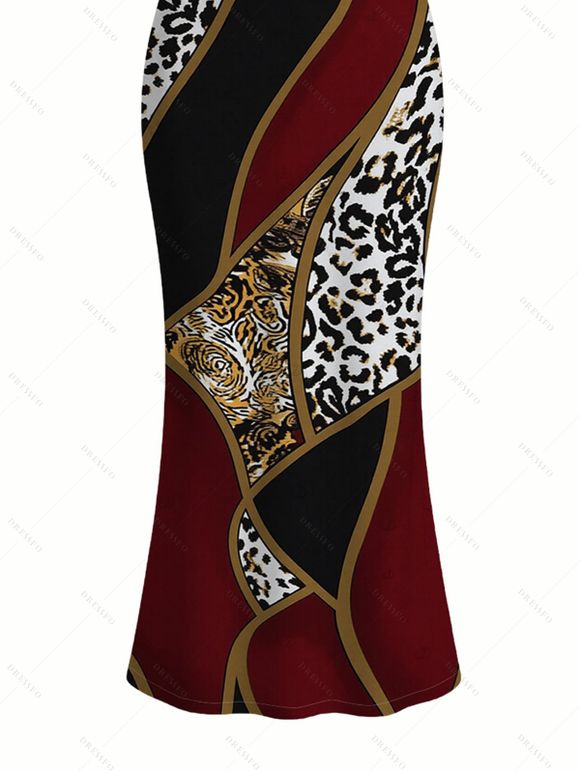 Color-blocked Leopard Print Cami Dress, Slim-fit Figure-hugging Long Dress for Women - Rouge Vineux XXL | US 14