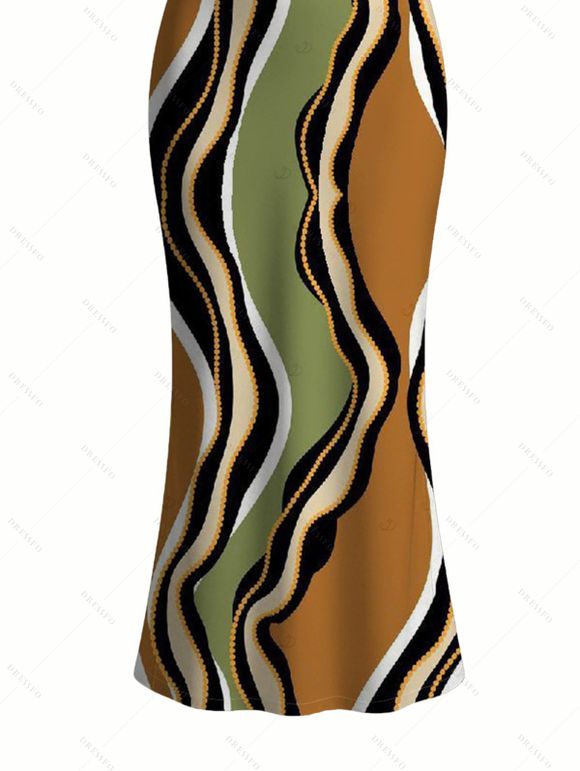 Retro Wave Stripe Print Spaghetti Strap Dress, Slim-fit Figure-hugging Elegant Long Dress - multicolor A XXL | US 14