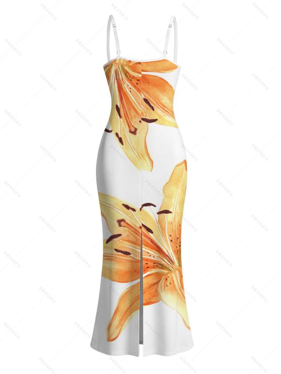 Lily Print Spaghetti Strap Dress, Slim-fit Long Bodycon Dress, Vacation Style - Blanc XXL | US 14