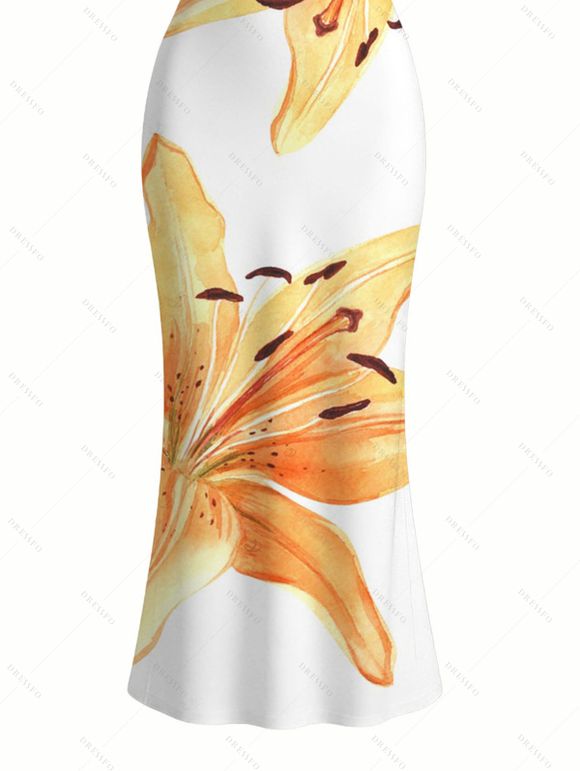 Lily Print Spaghetti Strap Dress, Slim-fit Long Bodycon Dress, Vacation Style - Blanc XXL | US 14