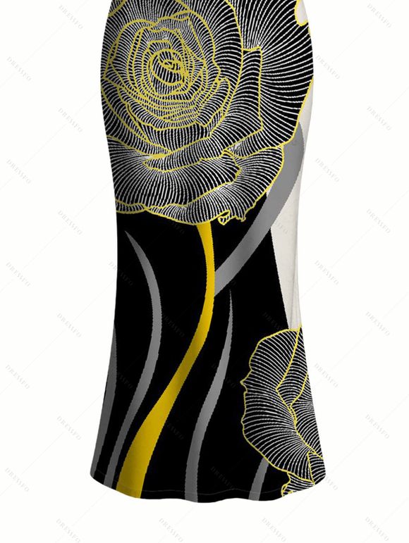 Contrast Color Line Rose Print Spaghetti Strap Dress, Slimming, Figure-hugging & Elegant Long Dress - Noir XXL | US 14
