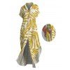 Beach Vacation Shirt Dress Palm Leaf Print Button Up Curved Hem Pocket Turn Down Collar Dress - FLAXSEED YELLOW S | US 4